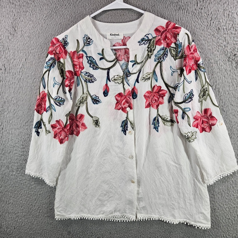 Kindred Womens Floral Embroidered Button Down Blouse White Pink 3/4 Sleeve Small